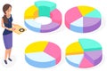 Employee works with statistical indicators in form of pie chart, data analysis and settings