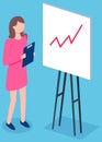 Woman studies chart growth. Data analysis on banner. Girl with clipboard looks at statistics