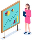 Woman studies statistics. Data analysis on banner. Girl with clipboard looks at board with diagram