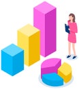 Woman studies statistics. Data analysis on graph and chart. Girl with clipboard vector illustration