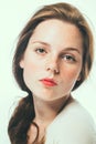 Woman studio beauty portrait freckled with long hair