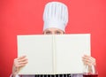 Woman study culinary. Culinary expert. Chef cooking healthy food. Cooking techniques. Cook read book best culinary