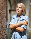 Woman studying ancient writing hieroglyphs at museum of arts