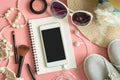 Woman stuff, makeup, cellphone and accessories