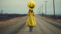 Eerie Encounter: Smiley Face Balloon Meets Yellow Masked Stranger