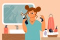 Woman styling hair in front of mirror. Girl in bathroom making glamour hairstyle. Cartoon female character hairstyling