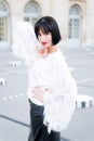 Woman with stylish short brunette hair and red lips. Royalty Free Stock Photo