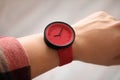 Woman with stylish wrist watch on blurred background Royalty Free Stock Photo