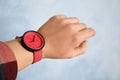 Woman with stylish wrist watch on color background, closeup Royalty Free Stock Photo