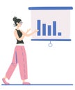 Woman submits a progress report. Character standing at big board pointing on charts and graphs. Presentation of business project
