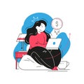 Woman successful freelancer making money working online laptop on comfy couch home office vector