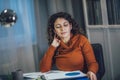 Woman suffer from headache work on laptop at home office Royalty Free Stock Photo