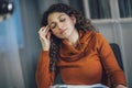 Woman suffer from headache work on laptop at home office Royalty Free Stock Photo