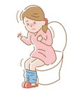 Woman suffering from abdominal pain on toilet seat. Diarrhea, constipation, and period pain symptoms. Health care concept