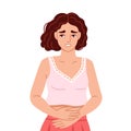 Woman, suffering from acute abdominal pain, diarrhea, bloating, holds her stomach. Painful menstruation. Hand drawn