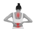 Woman suffering back pain in back on white background Royalty Free Stock Photo