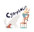 Woman suffering from cynophobia, fear of dogs. Scared cartoon female afraid of small dog puppy Royalty Free Stock Photo