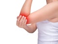 Woman suffering from elbow pain, joint pains. red highlight