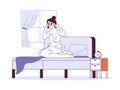 Woman suffering from headache, sick female patient at home. Girl with pain and illness, unhappy lady in bed flat vector