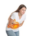 Woman suffering from heartburn on white. Stomach with lava symbolizing acid indigestion, illustration