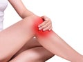 Woman suffering from knee pain, joint pains. red color highlight