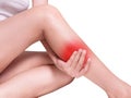 Woman suffering from leg pain, calf pain. red color highlight