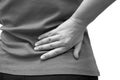 Woman suffering from lower back pain, black and white photo. Health concept, horizontal close-up photo, Royalty Free Stock Photo