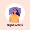 Woman suffering from night sweats or hot flashes. Menopause symptoms. Heat stroke. Flat vector illustration