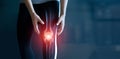 Woman suffering from pain in knee, Injury from workout and osteoarthritis, Tendon problems and Joint inflammation on dark