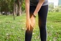 Woman suffering from pain in leg and knee injury after sport exercise running jogging and workout outdoor Royalty Free Stock Photo