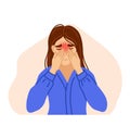 Woman suffering from sinus headache, pressing hands to bridge of nose. Sinusitis, nasal infection, respiratory disease