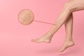 Woman suffering from varicose veins on pink background, closeup. Magnified skin surface showing affected area