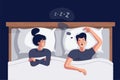 Woman suffers insomnia because of snoring man in bed. Husband snores loudly, angry frustrated wife can not sleep because Royalty Free Stock Photo