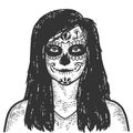 Woman with sugar skull make up. Sketch scratch board imitation coloring. Royalty Free Stock Photo