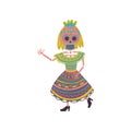 Woman with sugar skull makeup in a traditional Mexican dress dancing cartoon vector Illustration Royalty Free Stock Photo