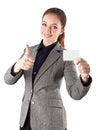 Woman suit credit card thumbs up