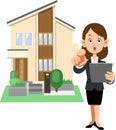 A woman in a suit holding a document and pointing her finger, and a house