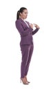 Woman in suit pointing at herself on white background Royalty Free Stock Photo