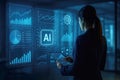 Woman in suit analyzing AI data on a futuristic digital interface with multiple charts artificial intelligence Royalty Free Stock Photo