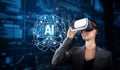 Woman in Suit Using Virtual Reality Headset with AI Brain Concept in Background for Generative AI and Prompt Engineering Royalty Free Stock Photo