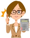 A woman in a suit wearing glasses wearing a thumbs up with a calculator