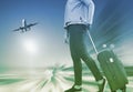 Woman with suitcase awaiting aircraft Royalty Free Stock Photo