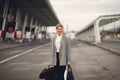 Woman with suitcase standing by the airport Royalty Free Stock Photo