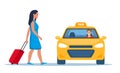 Woman with a suitcase take taxi. Yellow Taxi Car, front view. Taxi with smiling man driver. Flat vector illustration