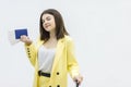 A woman with suitcase in the waiting room, wait for flight. Royalty Free Stock Photo