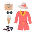 Woman summer clothing vector icon set. Bag, pink jumpsuit shorts, sandals, ice cream, sunglasses, hat. Clothes Royalty Free Stock Photo