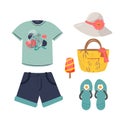 Woman summer clothing vector icon set. T-shirt, shorts, beach bag, slippers, hat, ice cream. summer, beach, sea, travel Royalty Free Stock Photo