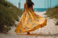 woman summer beautiful person sea lifestyle relax hippie beach fashion dress. Generative AI.