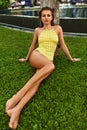 Woman Summer Fashion. Girl Sunbathing By Swimming Pool. Beauty Royalty Free Stock Photo