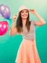 Woman summer joyful girl with colorful balloons Royalty Free Stock Photo